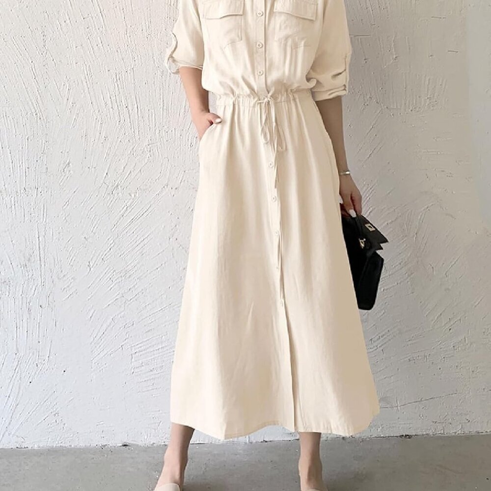 Women Midi Dress Long Sleeve Button Down Casual Tied Waist A-line - Picture 2 of 6